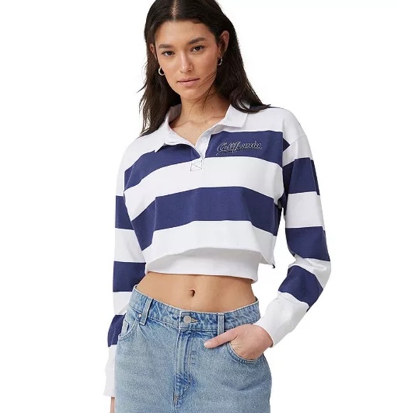 Cotton On Navy/White Cropped Rugby California Top Size Medium - Picture 1 of 11